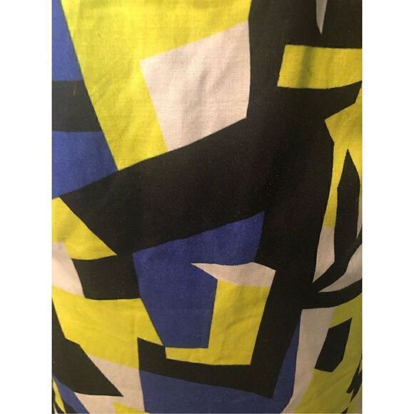 Ashley Stewart linen blend A line midi geometric design blue, yellow and black s - Picture 13 of 13